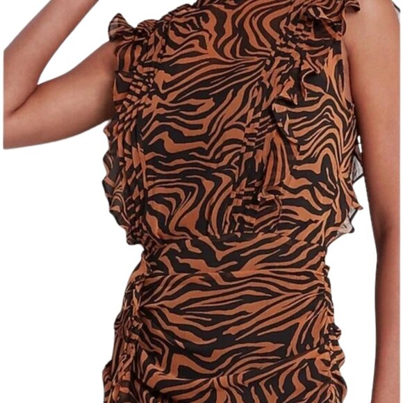 Express Tiger Zebra Animal Print Chiffon Ruffle Cut Out Back Mini Dress Sz M - Picture 3 of 15